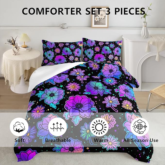 Axolotl Neon Floral Bedding Set Full,Gradient Floral Comforter Set for Girls,Colorful Flower Bedding Set Stars,Galaxy Series Comforter for Kids Boys Girls Teens Adults,1 Quilt 2 Pillowcases,Black