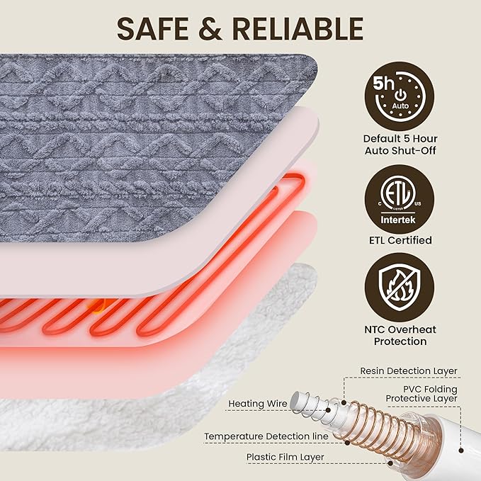 Heated Blanket Electric Blanket 62"x84", Soft Taffeta Sherpa Electric Throw with 5 Heating Level & 1-12 Hour Auto Off, Heated Throw with Overheating Protection, Machine Washable(Light Grey)