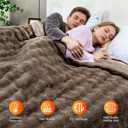 Heated Blanket Electric King- 100"x90" Soft Thick Bubble Electric Blanket for Sofa with 5 Heat Levels & 10 Hours Auto-Off Overheat Protection, Warm Cozy Gifts, Beige