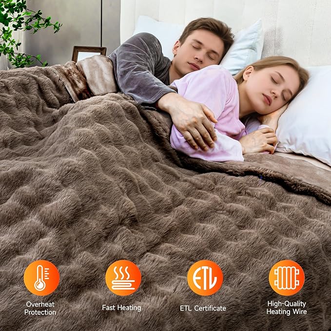 Heated Blanket Electric Twin- 62"x84" Soft Thick Bubble Electric Blanket for Sofa with 5 Heat Levels & 4 Hours Auto-Off Overheat Protection, Warm Cozy Gifts, Beige