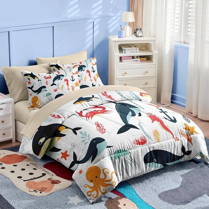 Nesker 7 Pcs Comforter Set Queen Size, Whales Octopuses Seahorses Bedding for Kids Teen, Ocean Sea Animal with Fitted Sheet 2 Pillowcases & 2 Shams for Bedroom Bed Decor