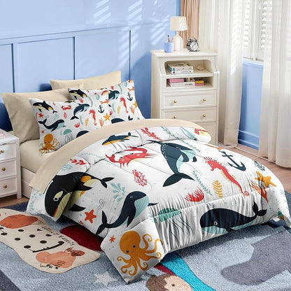 Nesker 7 Pcs Comforter Set Queen Size, Whales Octopuses Seahorses Bedding for Kids Teen, Ocean Sea Animal with Fitted Sheet 2 Pillowcases & 2 Shams for Bedroom Bed Decor