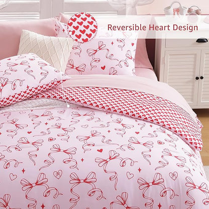 Queen Comforter Set for Girls, Red Bow Bedding Set Reversible with Cute Heart, All Season Kids Bed in a Bag 7 Pieces with Sheets, Pillowcases & Shams