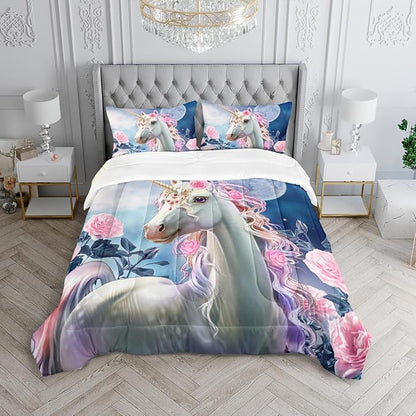 Kid Unicorn Comforter Set Twin Size 3Pcs Moon Star Rose Pattern Quilt Balloon Bedding Set for Boys Girls with 1 Comforter and 2 Pillowcases