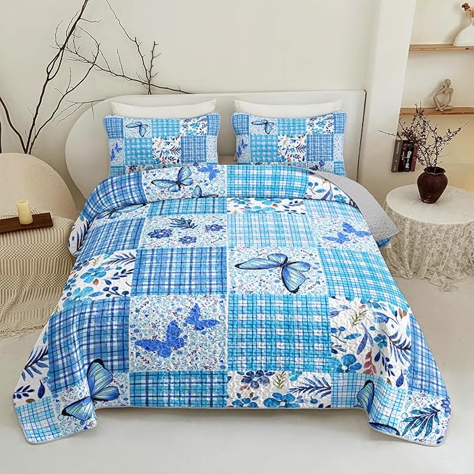QOOMO Patchwork Quilt Set Twin Size,Floral Bedspread Coverlet Set,Butterflies 3Pcs Bedding Set Printed Quilt with 2 Pillowcases,Soft and Lightweight,for All Seasons