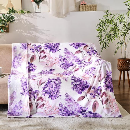 Floral Throw Blanket Birthday Gift for Women Mom Girls Violet Flowers Blanket Summer Wildflower Flannel Blanket Watercolor Printed Throw for Couch Sofa Bed Chair 60"x80"