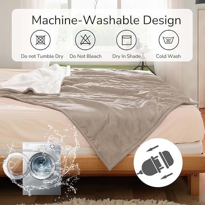 Electric Heated Blanket King Size 90"x100" - Dual-Sided with Microplush & Sherpa Fabric, 4 Heat Settings & 10 Hours Auto Off, Machine Washable - Light Brown