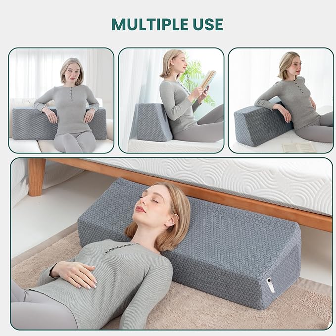 Wedge Bolster Pillow - Ergonomic Memory Foam Reading & Gaming Pillow for Back, Neck, Hip Pain Relief - Removable Washable Cover for Bed, Couch, Floor, Gray Full Size(54"x9"x12")