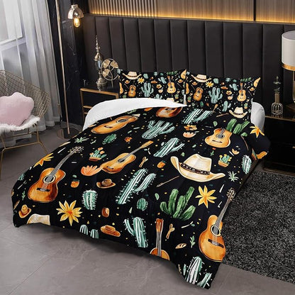 Western Cowboy Hats Musical Guitar Comforter 3Pcs Full Wild Cactus Flowers Bedding Set for Kid Teen Girl Boy Adult Nature Botanical Floral Quilt Bed Decor with 1 Comforter and 2 Pillowcases