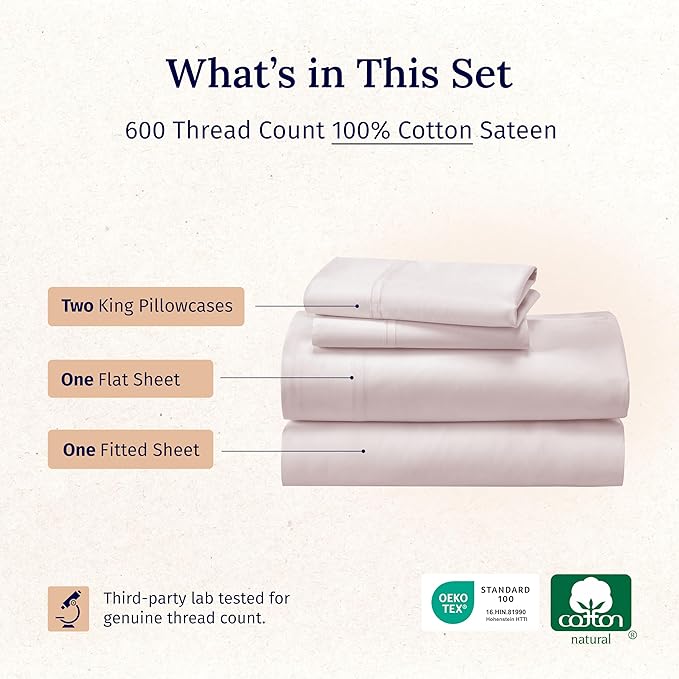 California Design Den Luxury King Size Sheet Set - 100% Cotton, 600 Thread Count Deep Pocket King Sheets, Hotel-Quality Bedding with Sateen Weave - Blush Pink