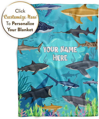 Personalized Shark Blanket for Kids - Ships Next Day and Made in USA - Soft Fleece Throw Bed, Cute Room Decor, Plush Sofa Couch Cover, Lightweight Baby Shark Toys, Custom Gift (Sherpa – 60x80)