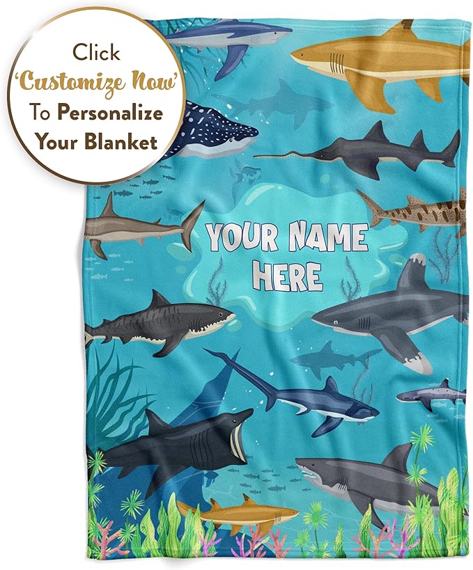 Personalized Shark Blanket for Kids - Ships Next Day and Made in USA - Soft Fleece Throw Bed, Cute Room Decor, Plush Sofa Couch Cover, Lightweight Baby Shark Toys, Custom Gift (Fleece – 50x60)