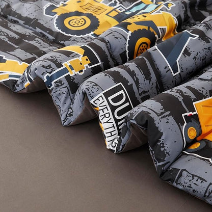RYNGHIPY Construction Truck Bedding Set Excavator Tractor Bed Set for Boys Bedroom Kids Comforter Sets with 1 Comforter 2 Pillowcases (Black-Grey,Queen)