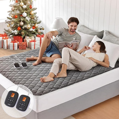 WOOMER Heated Mattress Pad Queen Dual Control - 60"x80" Electric Mattress Pad, 1-10 Heat Settings, 0.5-12H Auto Shut-Off, Removable Velvet Cover, 18" Deep Pocket, ETL Certified, Grey