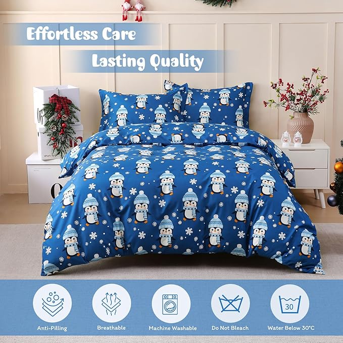 JSD Penguin Snowflakes Kids Christmas Duvet Cover Set Twin Size, 2 Piece Xmas Comforter Cover with Pillow Sham Zipper Closure, Comforter Not Included