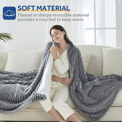 Sealy Electric Blanket Twin Size, Soft Ribbed Flannel to Sherpa Reversible Heated Blanket with 10 Heat Settings & 1 to 12 Hours Auto-Off Overheat Protection Machine Washable, 62"x84" Light Grey