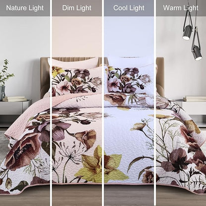 Drucon Floral Quilt Set King 3 Pieces Boho Blush Quilt Coverlet Set Soft Microfiber Lightweight Colorful Floral Quilted Bedspread for All Season 104"x90"