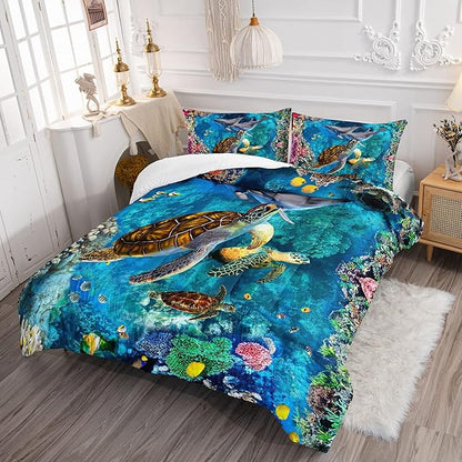 CVHOUSE Sea Turtle Comforter Set,Ocean Sea Turtle Bedding Set for Kids Teens,Ocean Sea Turtle Comforter Sea Turtle Duvet Set Room Decor Quilt Set Queen Size