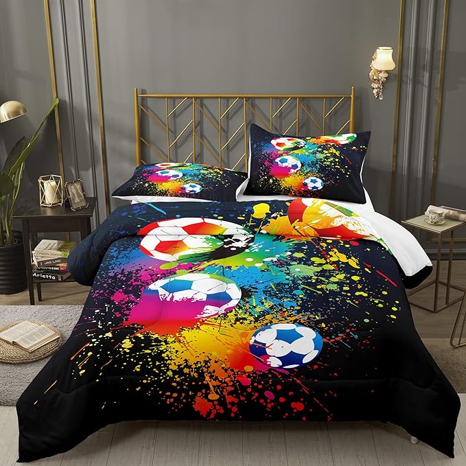 Bodhi Boys Sports Comforter Set - Queen Size, Rainbow Graffiti Football Theme for Kids & Teens, Matching Pillowcases Included