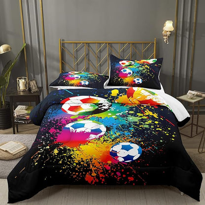 Bodhi Boys Sports Comforter Set - Queen Size, Rainbow Graffiti Football Theme for Kids & Teens, Matching Pillowcases Included