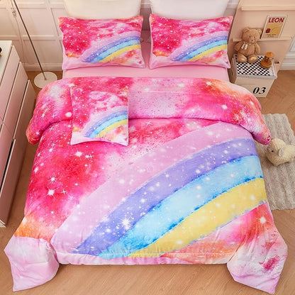 ANGIYUIN 6 Pieces Pink Tie Dye Full Size Bedding Sets for Girls/Teens/Kids, Colorful Rainbow Girls Comforter Set, Sparkle Galaxy Glitter Bedding Comforter Set for All Season
