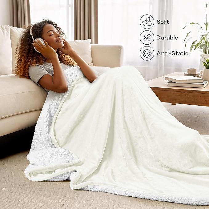 Utopia Bedding Sherpa Blanket Queen Size (Ivory, 90x90 Inches) - Soft Lightweight Plush Fleece Reversible Blanket for Bed, Sofa, Couch, Camping and Travel