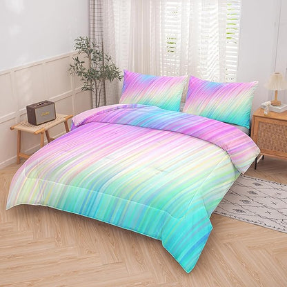 Bodhi Pink Queen 3PCS Rainbow Bedding Set with Pillowcase, Tie Dye Kids Bedding Set for Girls, Queen Comforter Set