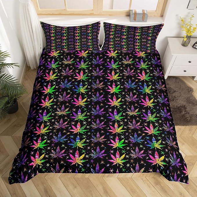 Castle Fairy Shiny Cannabis Leaves Comforter Covet Full Size,Colorful Marijuana Leaves Duvet Cover with 2 Pillowcases,3 Piece,Boho Botanical Rainbow Polyester Bedding Set for Boys Teens Bedroom Decor