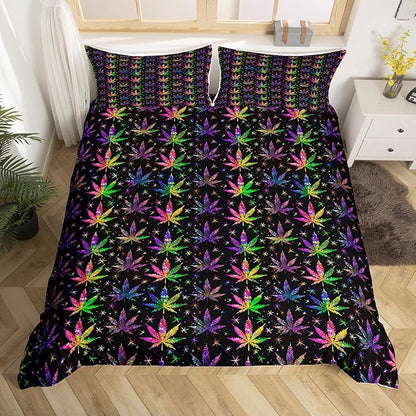 Shiny Cannabis Leaves Bedding Set Queen Size,Colorful Marijuana Leaves Duvet Cover Set for Children Xmas Bedroom Present, Boho Botanical Rainbow Microfiber Comforter Cover with 2 Pillowcases, Soft