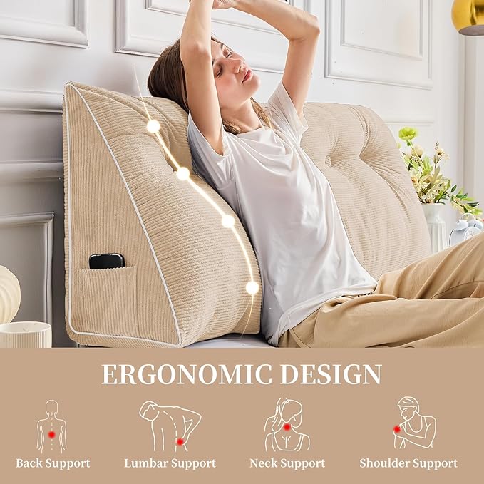 Sasttie Headboard Pillow Twin/Twin XL, Wedge Pillow Headboard for Dorm, Triangular Daybed Backrest Cushion for Sitting or Reading in Bed, with Removable Washable Cover, Beige