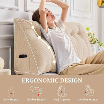 Sasttie Headboard Pillow Twin/Twin XL, Wedge Pillow Headboard for Dorm, Triangular Daybed Backrest Cushion for Sitting or Reading in Bed, with Removable Washable Cover, Beige