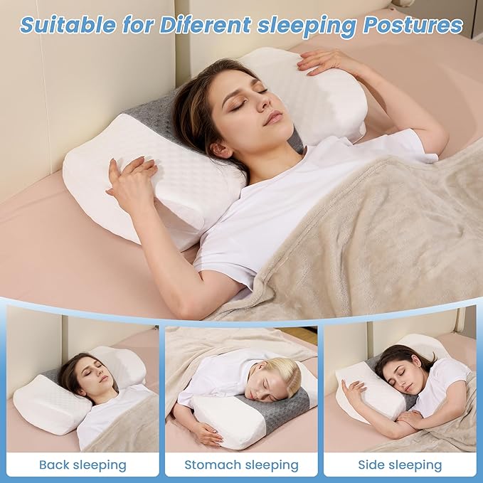 HOKIZU Cervical Memory Foam Pillow with Bamboo Fabric Pillowcase- Breathable, Supportive for Neck & Shoulder Pain Relief, Ergonomic Contour Neck Pillow for Side, Back, Stomach Sleepers(White-Gray)