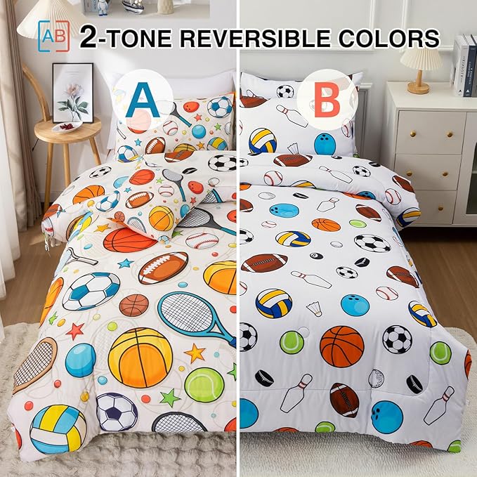A Nice Night 6Pcs Queen Bedding Set for Boys, Sports Theme Comforter with Curling, Baseball & Basketball Design, Soft Athletic Kids Bedroom Decor(Yellow)