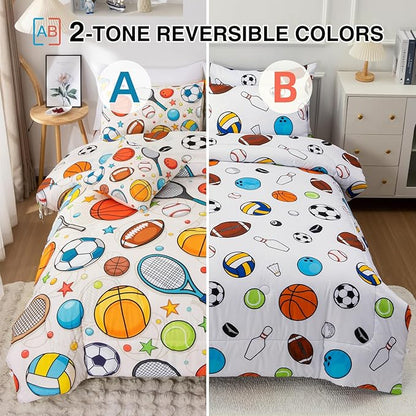 A Nice Night 6Pcs Twin Comforter Set for Boys, Sports Bedding Set with Baseball, Tennis Racket, Basketball & Football Design, Athletic Themed Kids Room Decorr(Yellow)