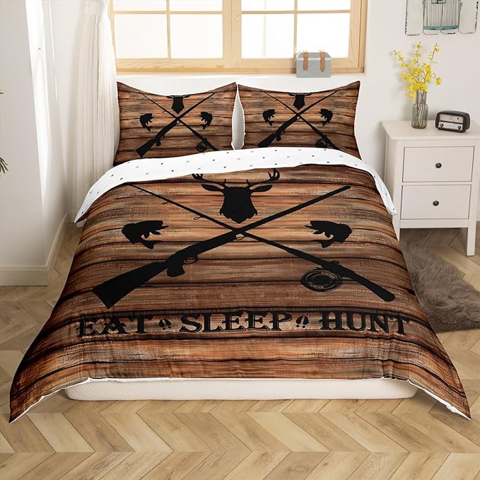 Hunting Themed Duvet Cover Set King Size,Deer Antler Animal Comforter Cover with 2 Pillowcases Bedspread,Brown Retro Farmhouse Board Microfiber Quilt Cover for Adult Women,3pcs