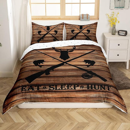Hunting Themed Duvet Cover Set King Size,Deer Antler Animal Comforter Cover with 2 Pillowcases Bedspread,Brown Retro Farmhouse Board Microfiber Quilt Cover for Adult Women,3pcs