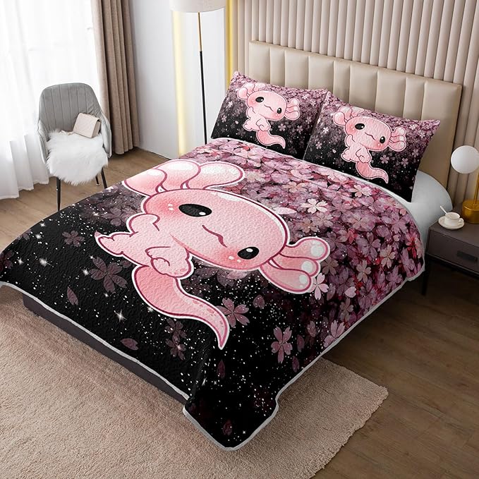 QOOMO Axolotl Quilt Set Twin Size,Sakura Salamander Bedspread Coverlet Set,Cherry Blossom 3Pcs Bedding Set Printed Quilt with 2 Pillowcases,Soft and Lightweight,for All Seasons