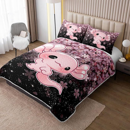 QOOMO Axolotl Quilt Set King Size,Sakura Salamander Bedspread Coverlet Set,Cherry Blossom 3Pcs Bedding Set Printed Quilt with 2 Pillowcases,Soft and Lightweight,for All Seasons