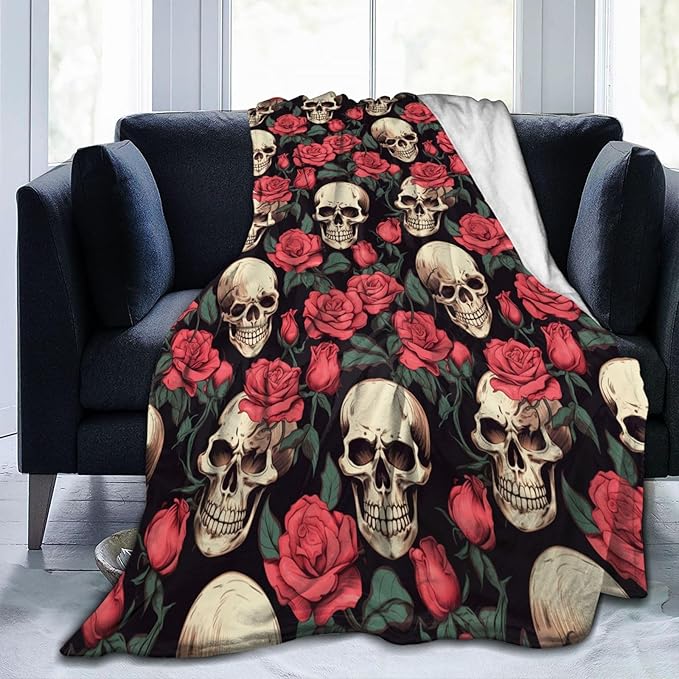 Skull Flower Rose Blanket Gifts for Adults Women Men Gothic Skull Skeleton Flannel Throw Blankets Soft Fuzzy Lightweight for Home Decor Couch Bed Sofa 80x60 Inches