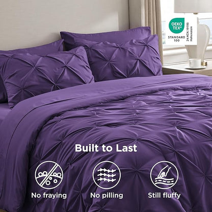 Bedsure Twin Comforter Set Purple - Bed in a Bag Twin Size Bedding 5 Pieces, GentleSoft™ Pintuck Bed Set Gift for Family, Pinch Pleat Purple Comforter with Sheets, Pillowcase & Sham