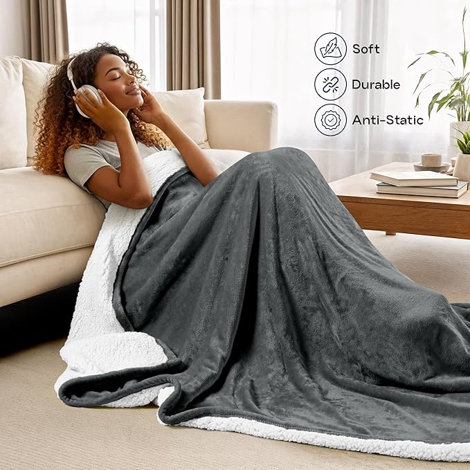 Utopia Bedding Sherpa Blanket Full Size (Grey, 90x84 Inches) - Soft Lightweight Plush Fleece Reversible Blanket for Bed, Sofa, Couch, Camping and Travel