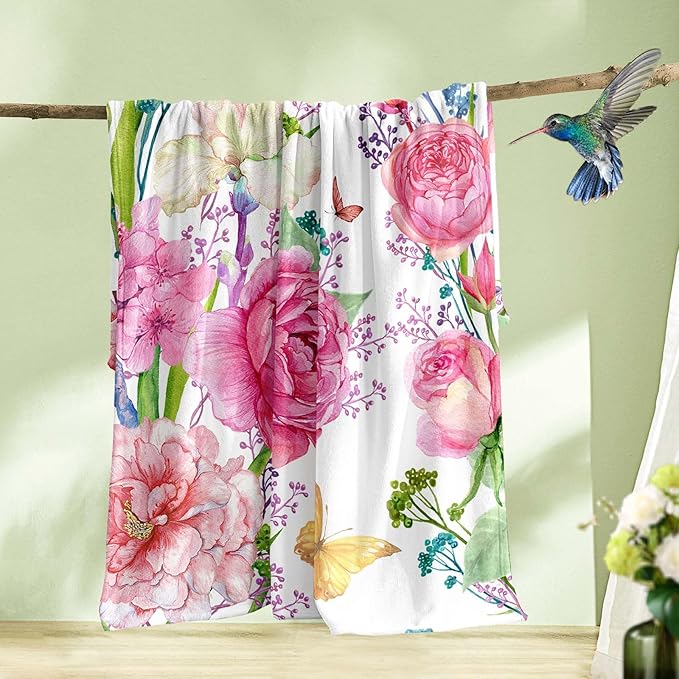 Floral Throw Blanket Birthday for Mom Women Watercolor Flowers Blanket Soft Fuzzy Flannel Bed Blanket Plush Floral Throw for Couch Sofa Bed Chair 50"x60"