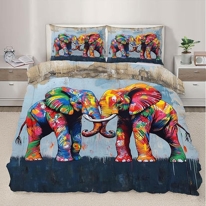 Elephant Duvet Cover Twin Size, Fun Colorful Elephant Bedding Set 2 Piece Kids and Adults Wildlife Graffiti Art Comforter Cover with Zipper Ties & 1 Pillowcases