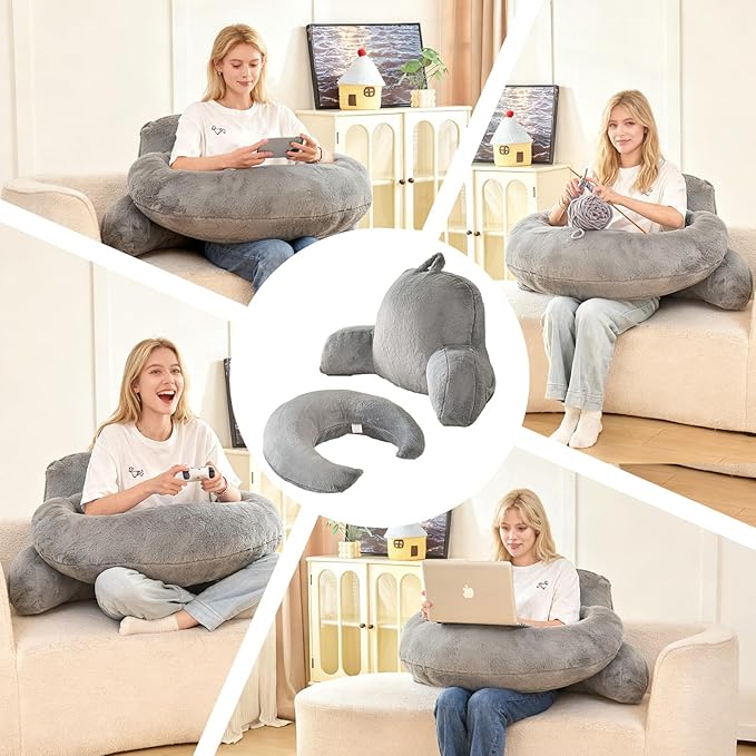 Reading Pillow for Bed,U Shaped & Back Support Pillow for Bed,19" Backrest with Lumbar & Arm Support,Luxurious Faux Rabbit Fur,Gaming PillowFor Crochet/Reading/Watching TV,Gray