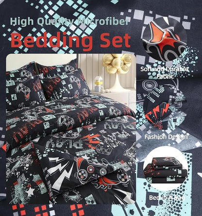 SDY 7PCS Game Console Comforter Set Queen Size Cute Printed Gamer Comforter Set for Toddler,Girls Boys and Kids, Gaming Comforter,with Comforter, Flat Sheet, Fitted Sheet and Pillowcases & Shams