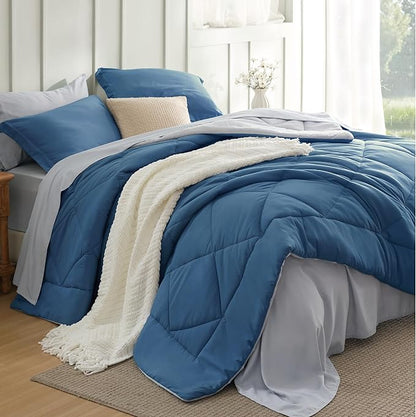 Bedsure Full Size Comforter Set - 7 Pieces Reversible Slate Blue Bedding, Full Size Bed Set for All Seasons, Bed in a Bag with Down Alternative Comforter, Sheets, Pillowcases & Shams