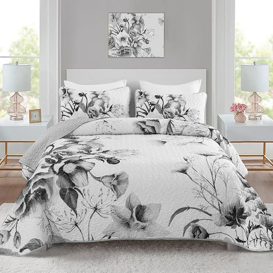 Floral Quilt Set King 3 Pieces Grey Floral Quilt Coverlet Set Soft Microfiber Lightweight White Quilted Bedspread for All Season 104"x90"