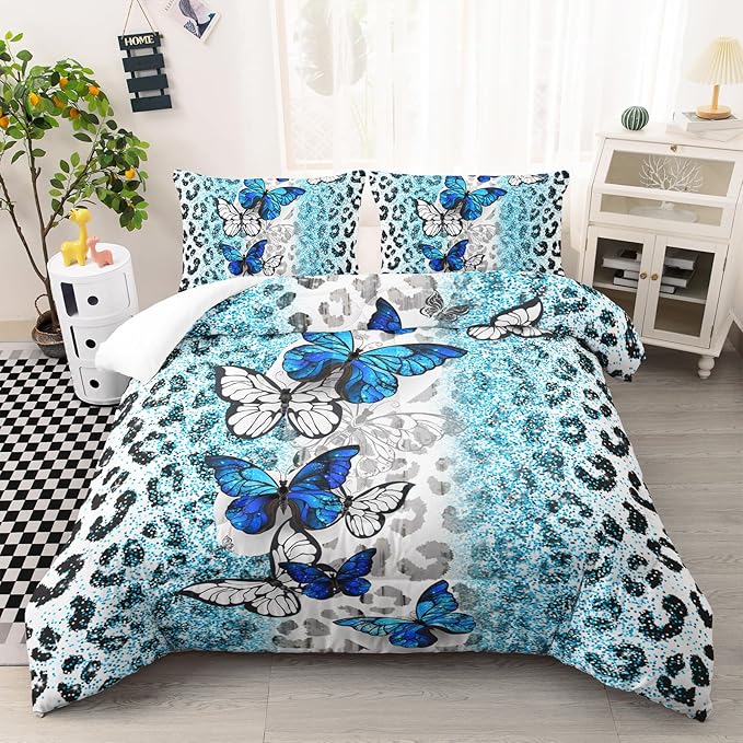 Blue Butterfly Comforter Set for Girls Full Size, Black and White Leopard Print Comforter with 2 Pillowcases, Wild Animal Theme Home Decoration