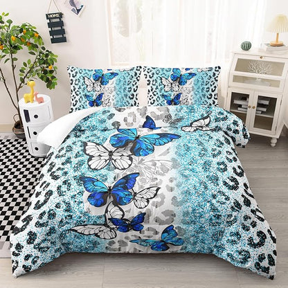 Blue Butterfly Comforter Set for Girls Queen Size, Black and White Leopard Print Comforter with 2 Pillowcases, Wild Animal Theme Home Decoration