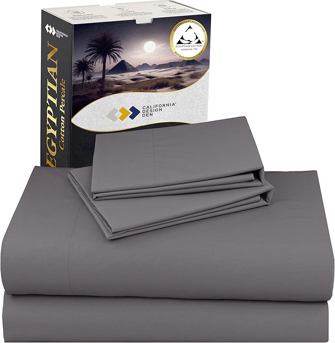 California Design Den Queen Size Sheet Set - Certified 100% Egyptian Cotton Queen Size Percale Sheets with Deep Pockets, Lightweight, Crisp, Durable Luxury Bedding Set - Grey